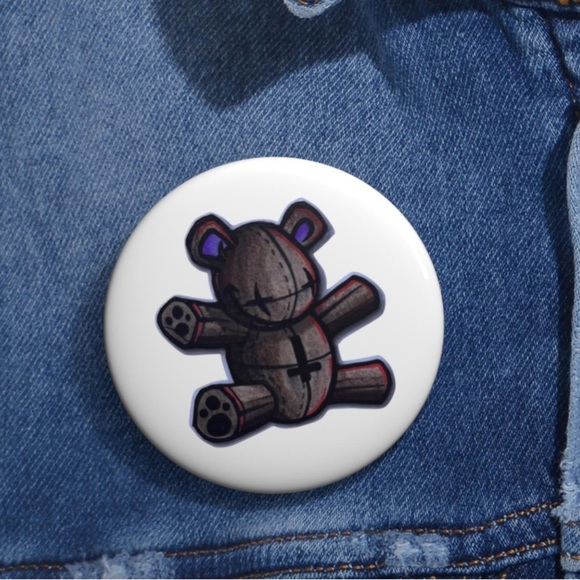NEW Original Art - Stitches - Teddy Bear Button Pin - Picture 2 of 2